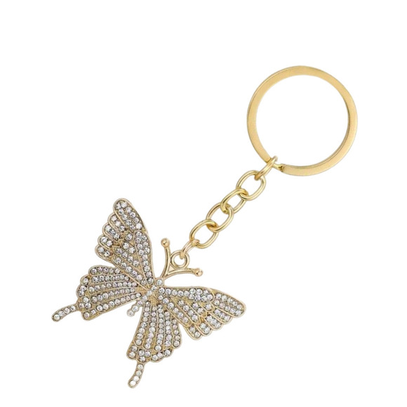 Rhinestone Butterfly Keychain Keyring  Gold Link Butterfly Charm Pendant Keys - Picture 3 of 14